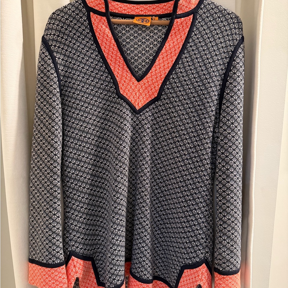 Tory Burch Navy Patterned V-Neck Sweater with Coral Trim